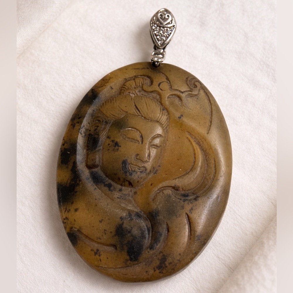 Vintage Carved Buddha Amulet Pendant Stone, marked 925, Meditation & Protection